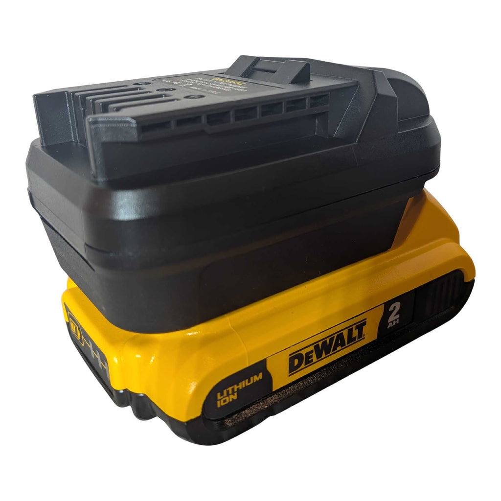 DeWalt 20V MAX to SKIL 20V PWR CORE battery adapter - fitted to the DeWalt 20V MAX battery, tool-side rails upward