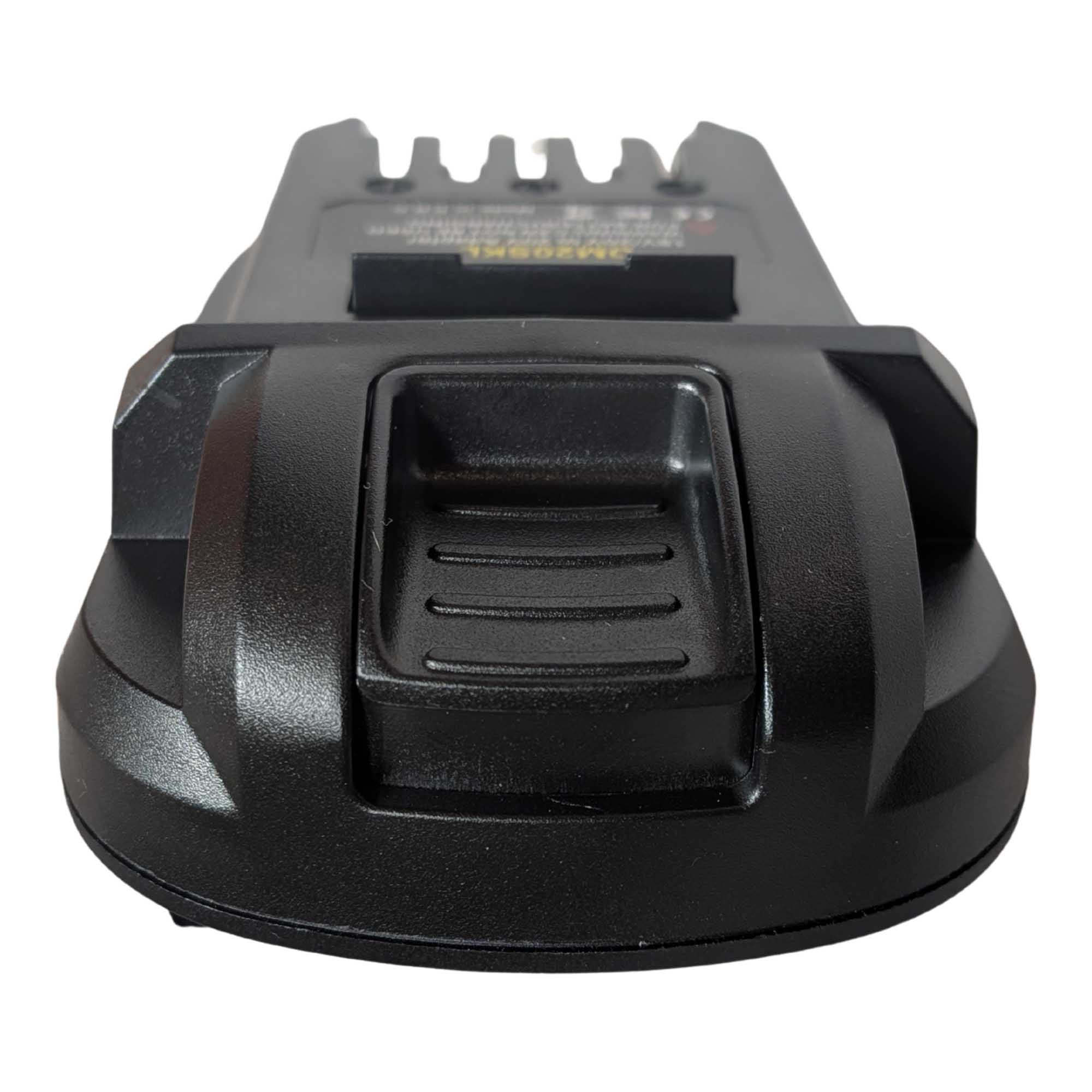 DeWalt 20V MAX to SKIL 20V PWR CORE battery adapter - front view of the ribbed release catch on the end face