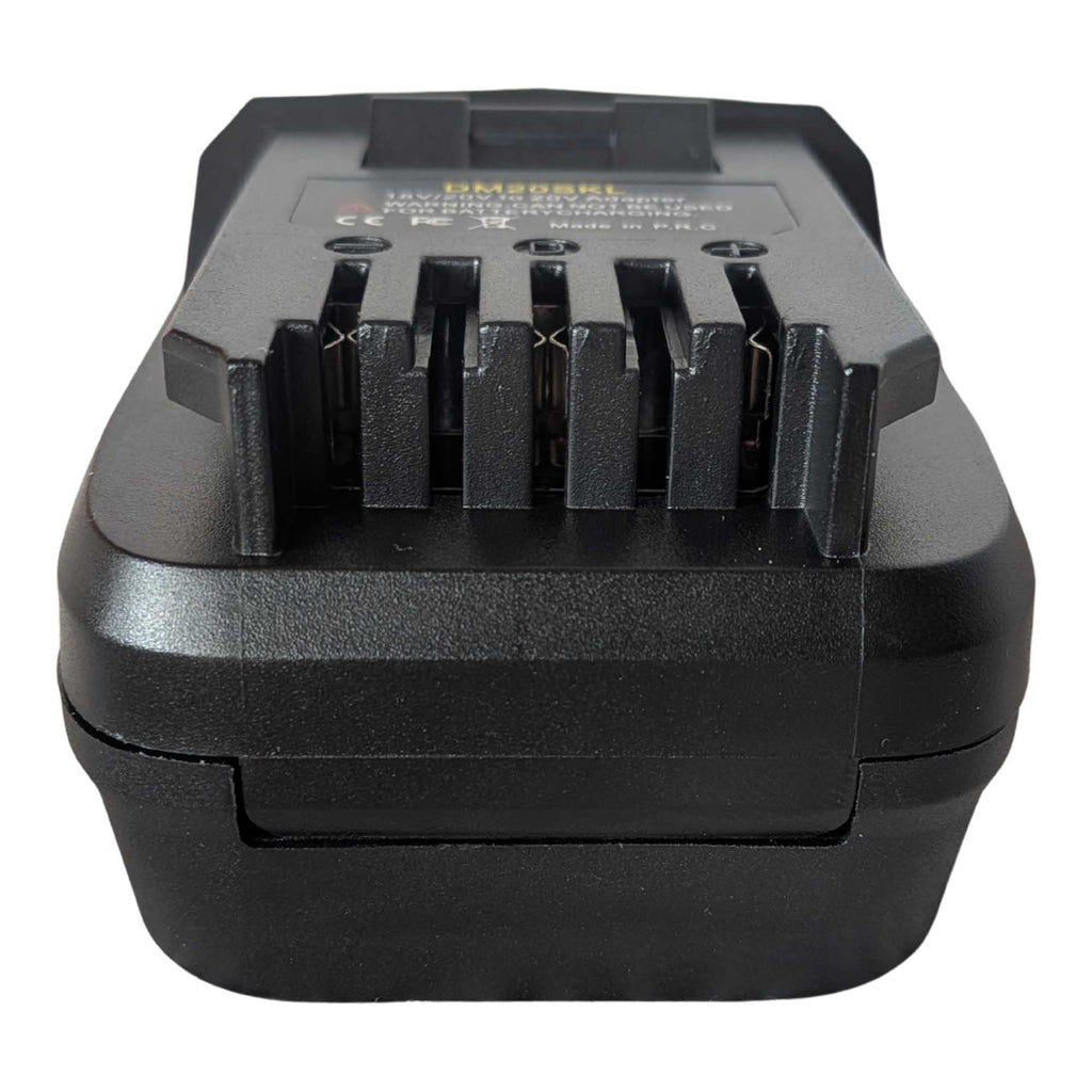 DeWalt 20V MAX to SKIL 20V PWR CORE battery adapter - close-up of the SKIL tool-side connection, fins and terminal slots