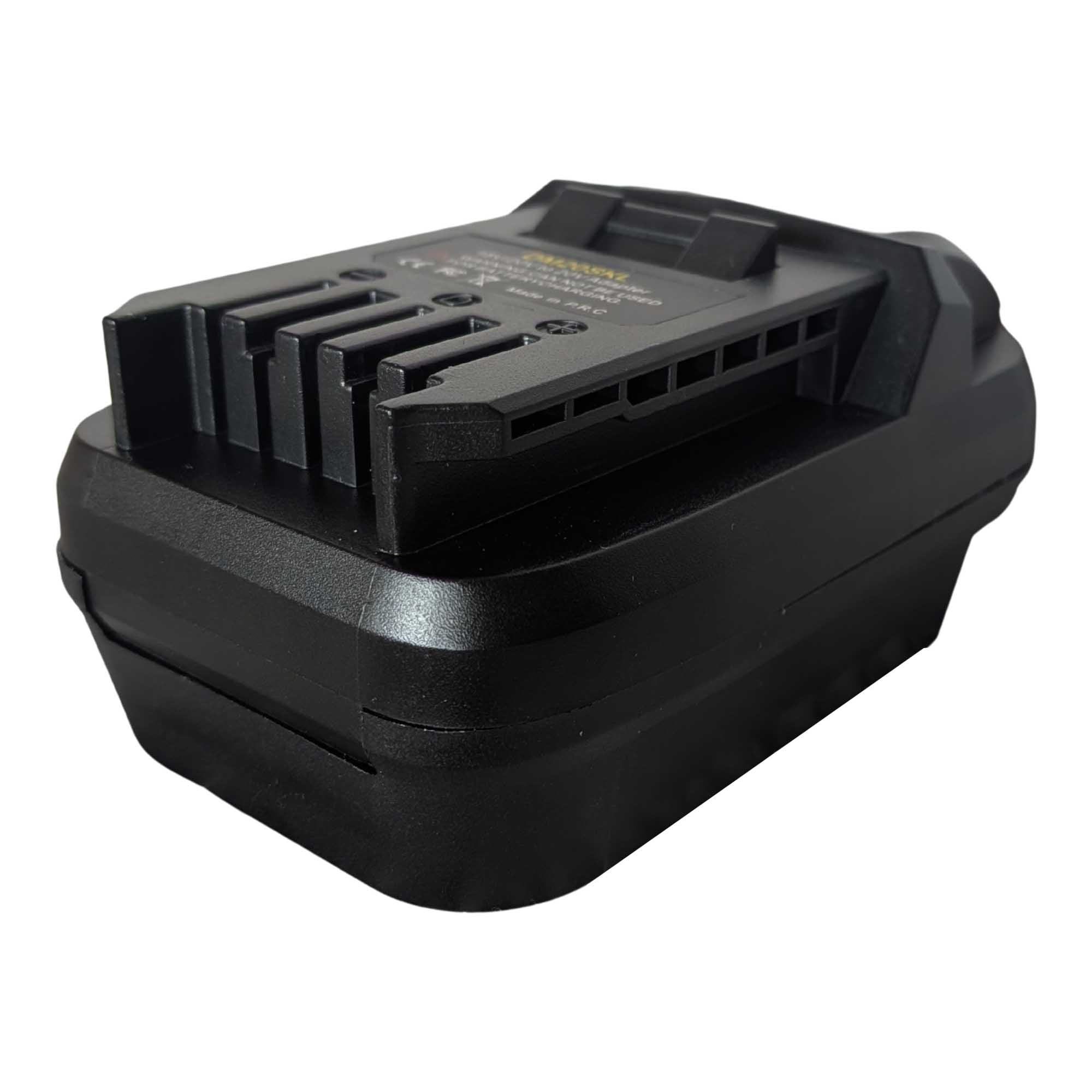 DeWalt 20V MAX to SKIL 20V PWR CORE battery adapter - SKIL tool-side connection at the near end, raised fins beside the slots