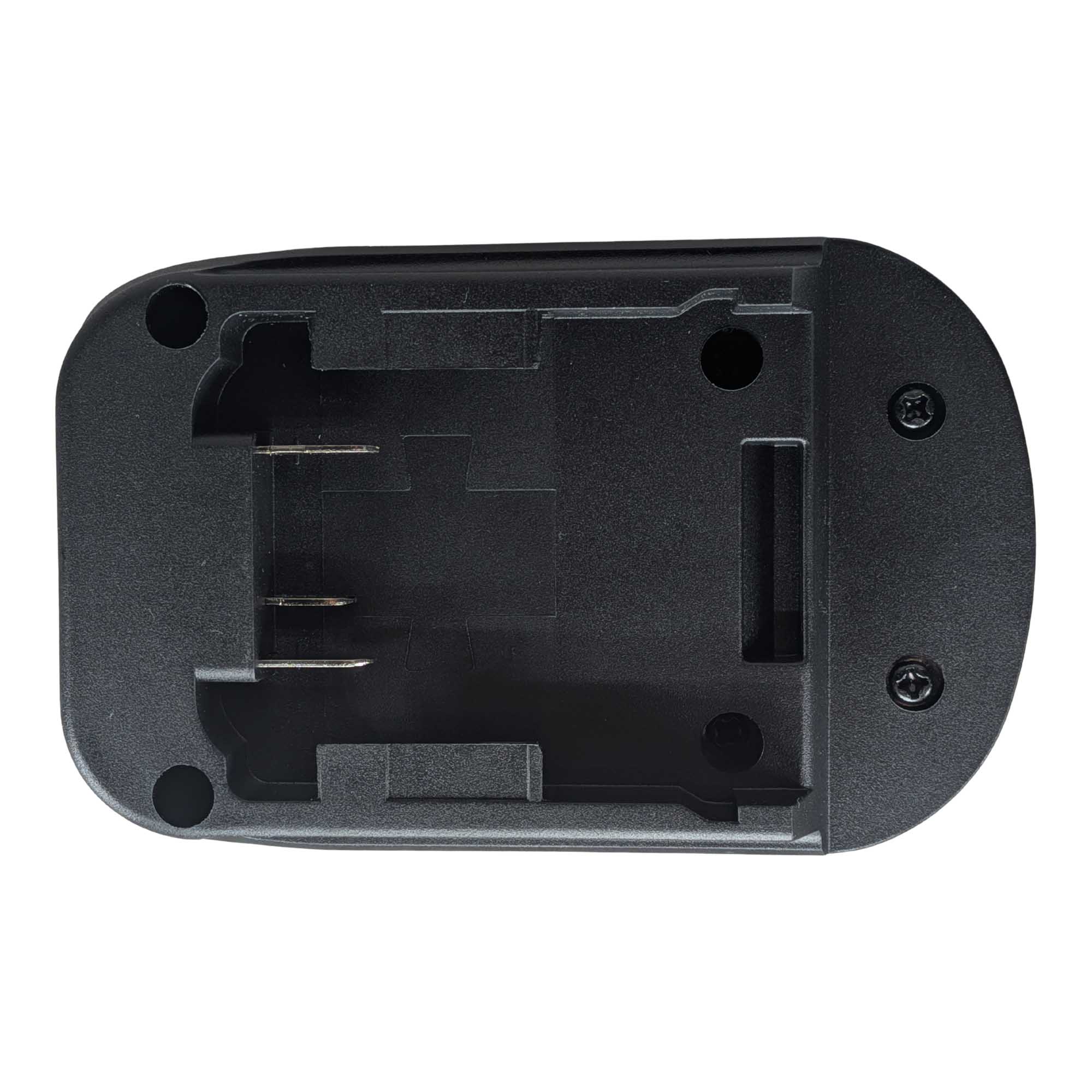 DeWalt 20V MAX to SKIL 20V PWR CORE battery adapter - stepped battery-side pocket, three terminal blades and a latch slot