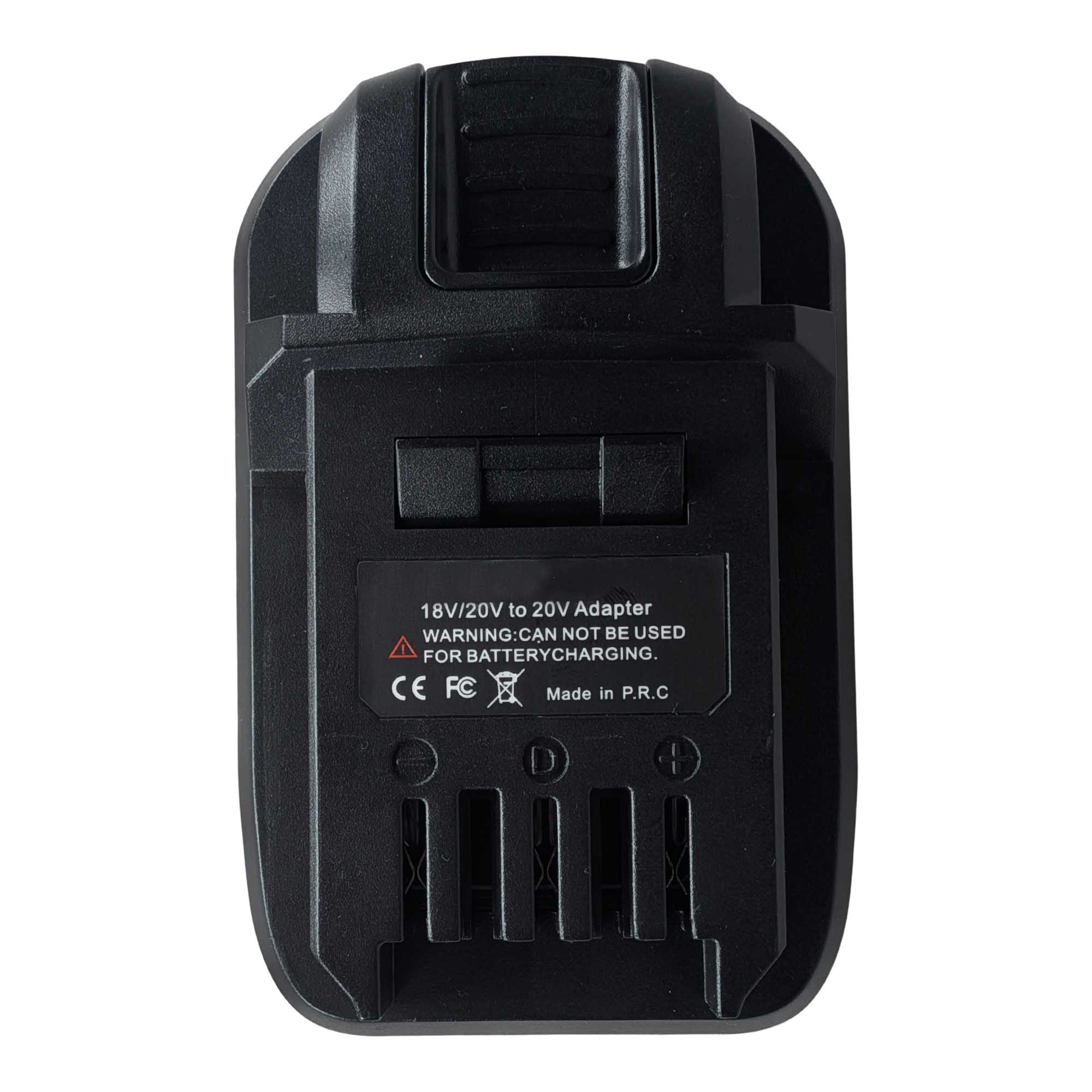 DeWalt 20V MAX to SKIL 20V PWR CORE battery adapter - polarity marks moulded beside the SKIL tool-side terminal slots
