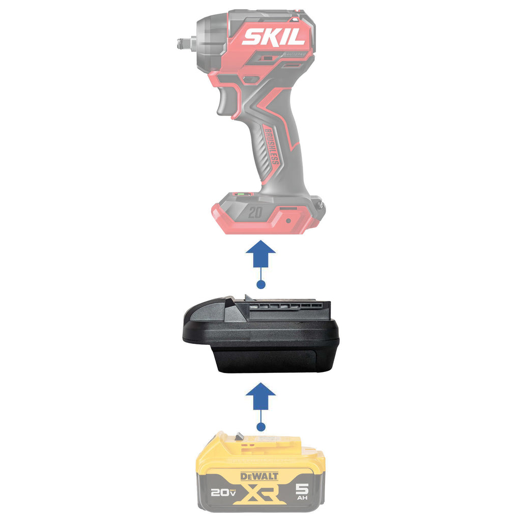DeWalt 20V MAX to SKIL 20V PWR CORE battery adapter - compatibility diagram showing battery, adapter and impact wrench