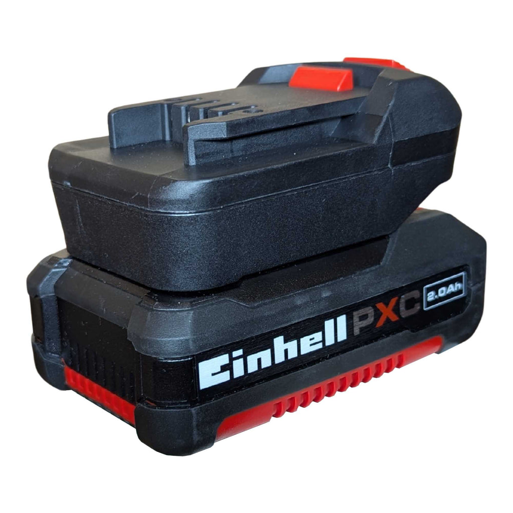 Einhell 18V PXC to Parkside X20V battery adapter - fitted to the Einhell 18V PXC battery, viewed from the pack label side