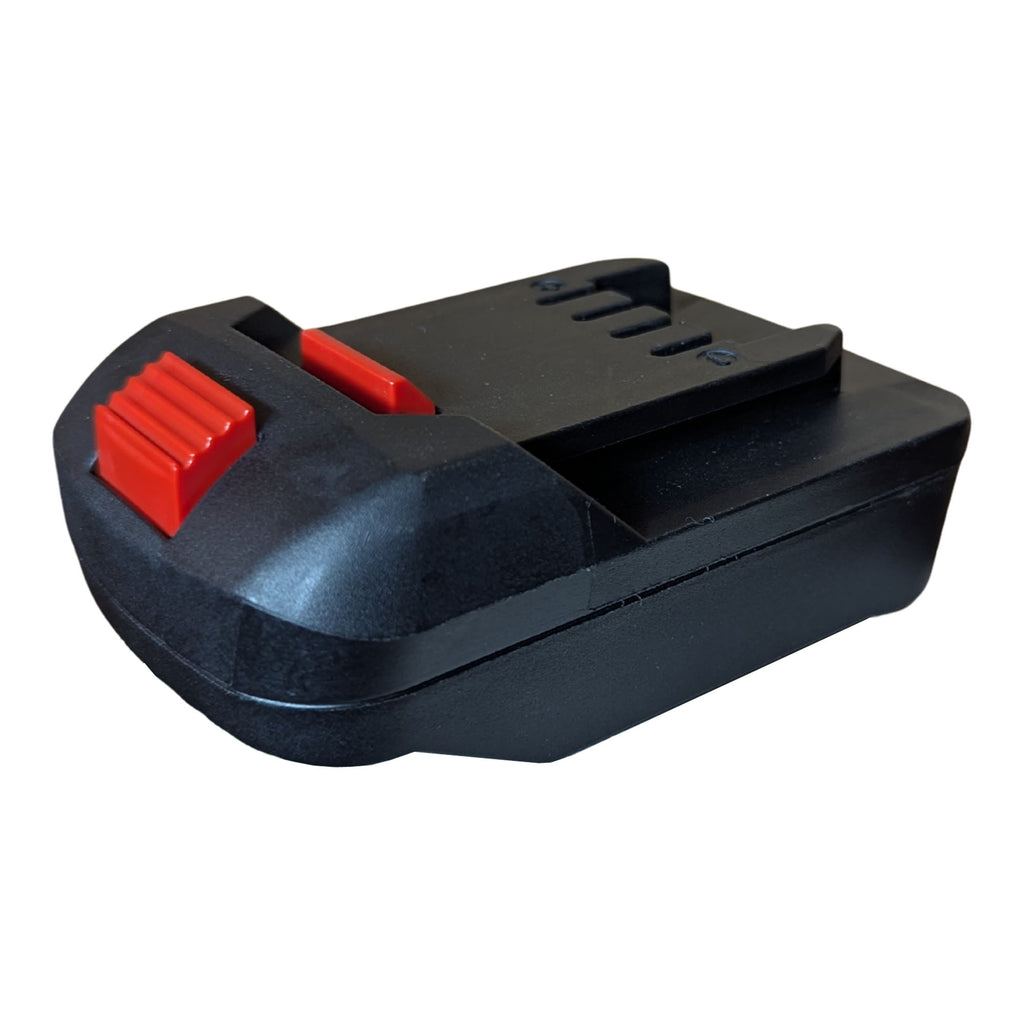 Einhell 18V PXC to Parkside X20V battery adapter - front view of the ribbed release button, tool-side rail and slots behind
