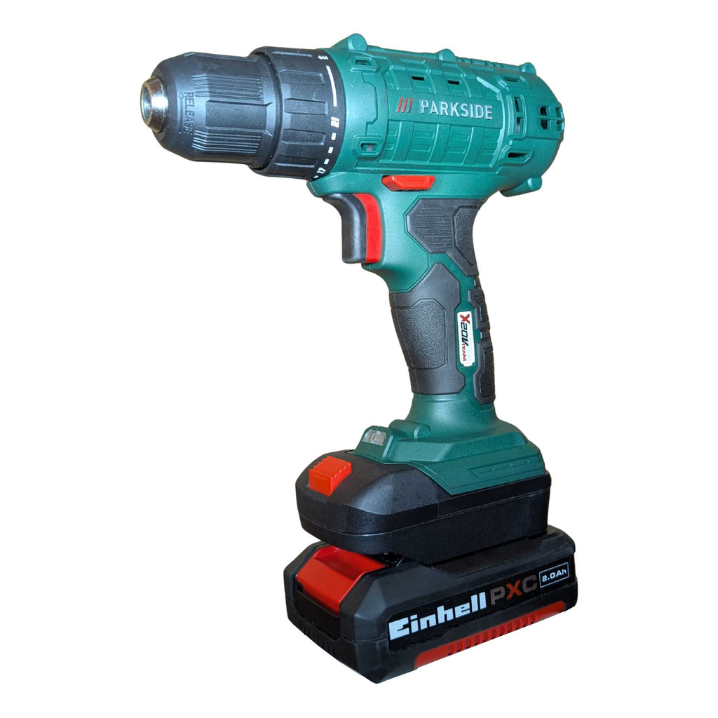 Einhell 18V PXC to Parkside X20V battery adapter - Parkside drill installed on the adapter over the battery, front view