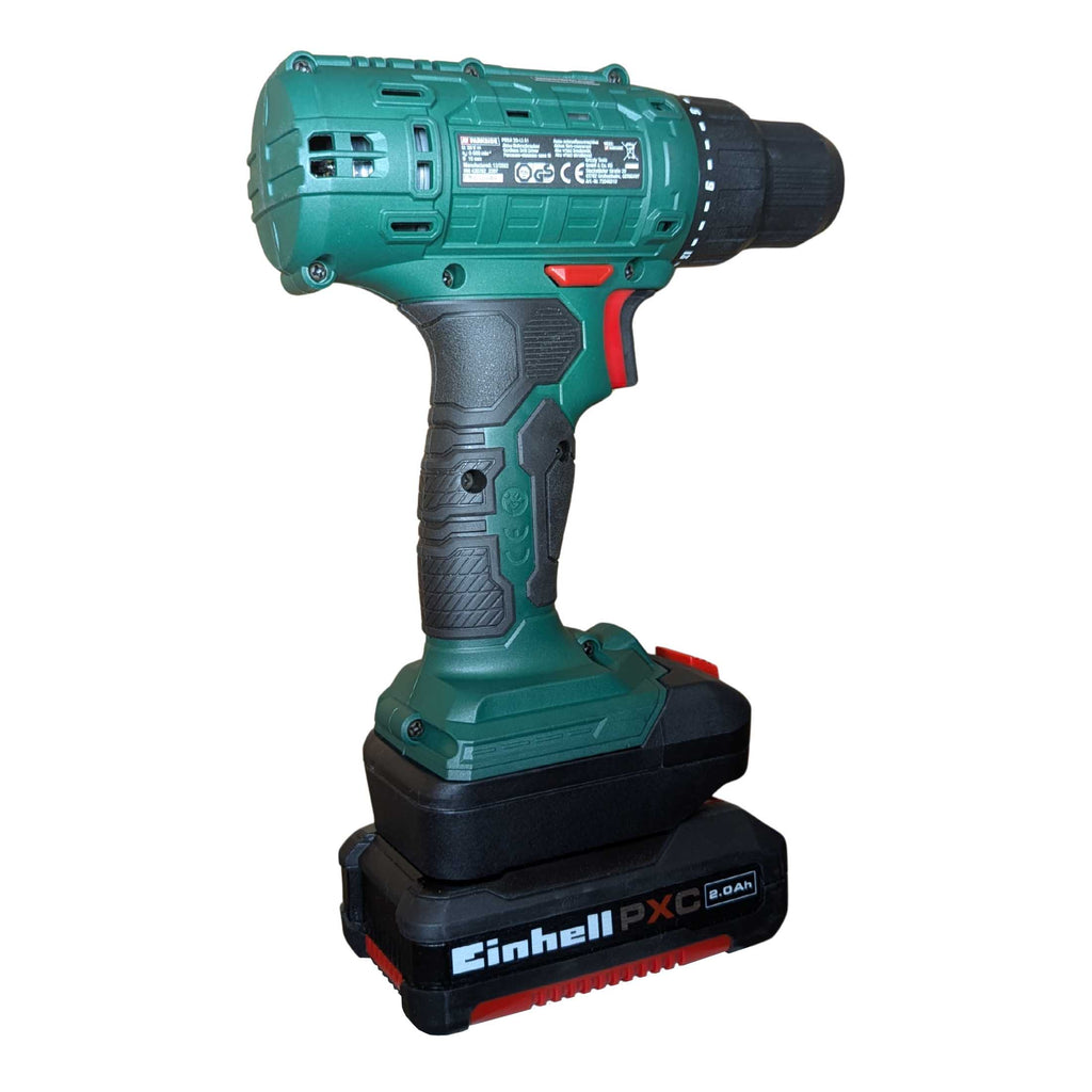 Einhell 18V PXC to Parkside X20V battery adapter - Parkside drill installed on the adapter, rear view with rating label