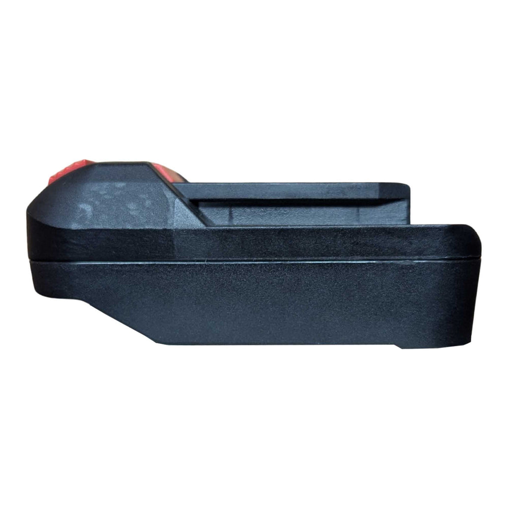 Einhell 18V PXC to Parkside X20V battery adapter - side view showing both connections, tool-side rail above the pocket