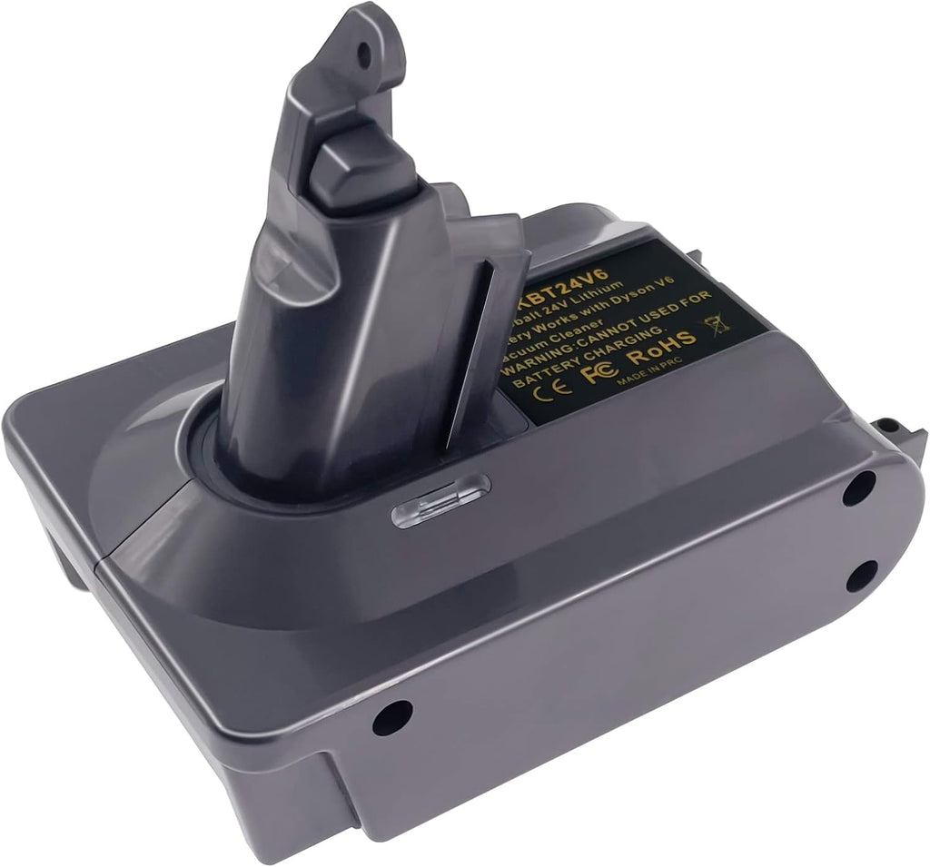 Kobalt 24V to Dyson V6 battery adapter - Dyson tool-side connection, hooked post and the warning label on the body