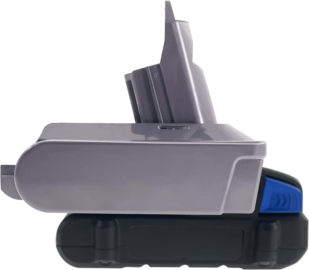 Kobalt 24V to Dyson V6 battery adapter - side view, Dyson tool-side post upward, seated on a battery pack