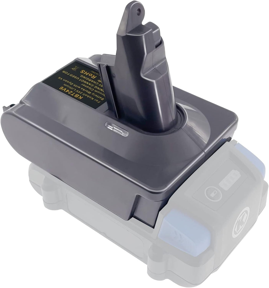 Kobalt 24V to Dyson V6 battery adapter - Dyson tool-side post upward, seated on a battery pack