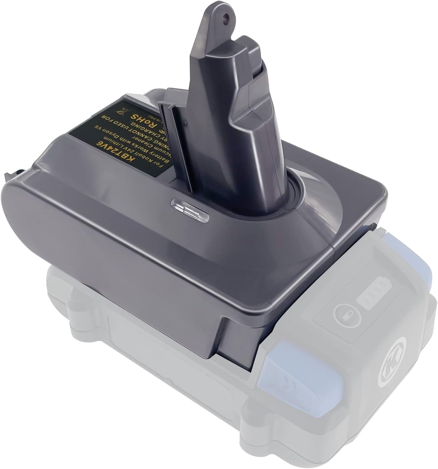 Kobalt 24V to Dyson V6 battery adapter - Dyson tool-side post upward, seated on a battery pack