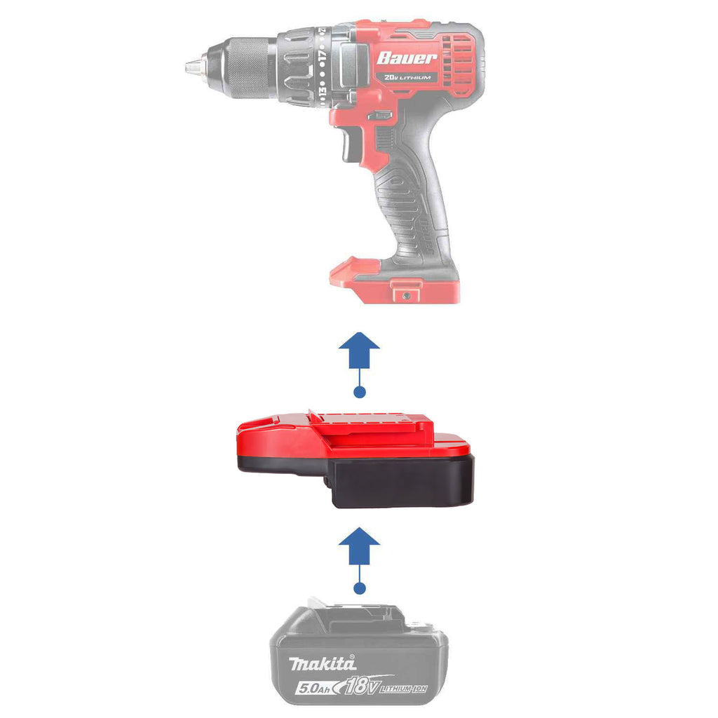 Makita 18V LXT to Bauer 20V battery adapter - compatibility diagram showing battery, adapter and drill driver
