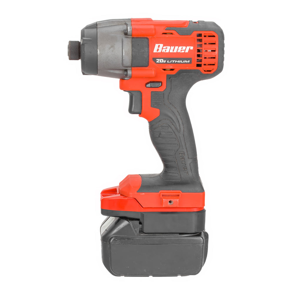 Makita 18V LXT to Bauer 20V battery adapter - installed on an impact driver, seated on a battery pack
