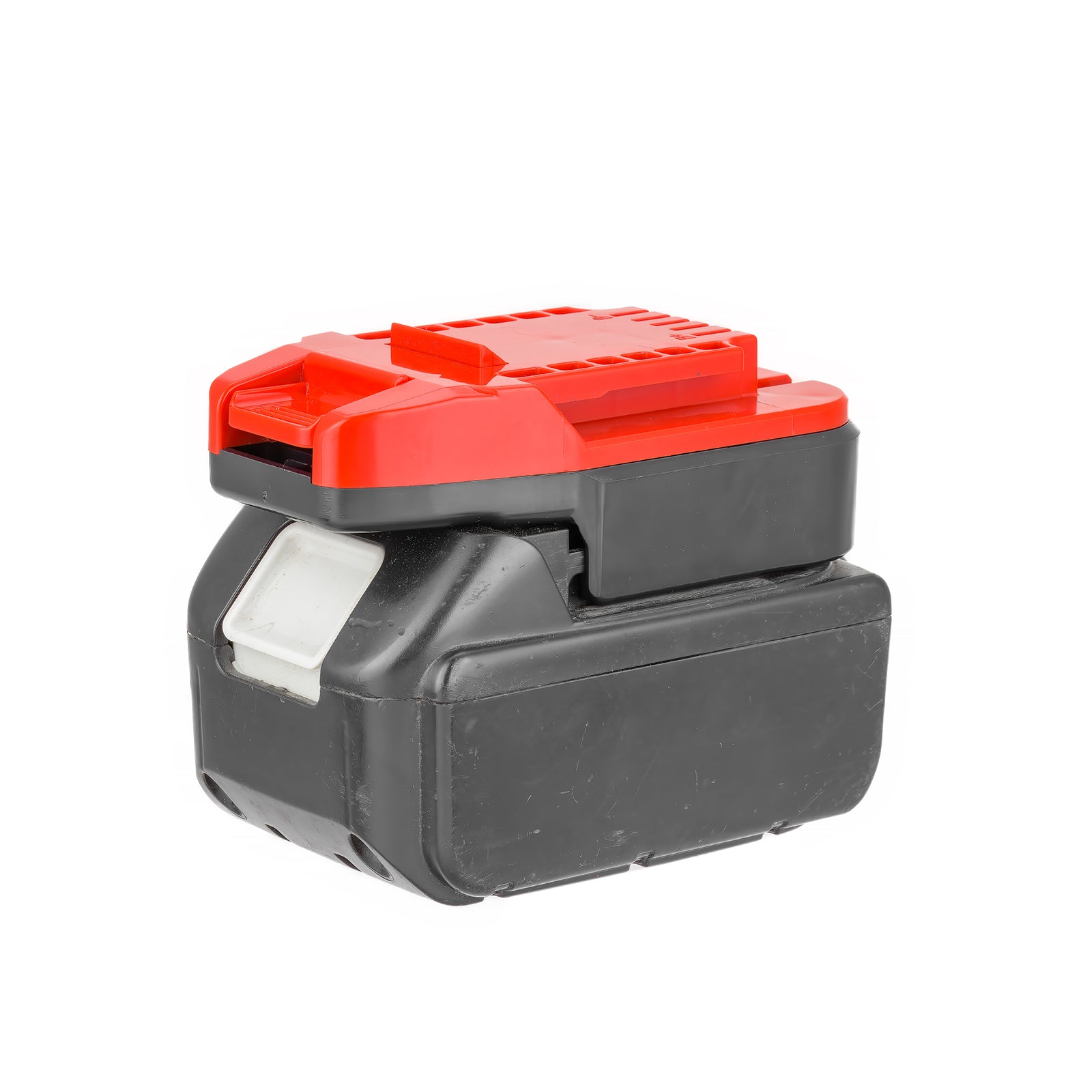 Makita 18V LXT to Bauer 20V battery adapter - seated on a battery pack, Bauer tool-side rails upward