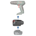 Makita 18V LXT to Bosch 18V PBA (Green) battery adapter - compatibility diagram showing battery, adapter and cordless drill