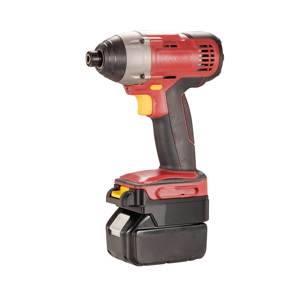 Makita 18V LXT to Chicago Electric 18V battery adapter - impact driver installed on the adapter, seated on a battery pack