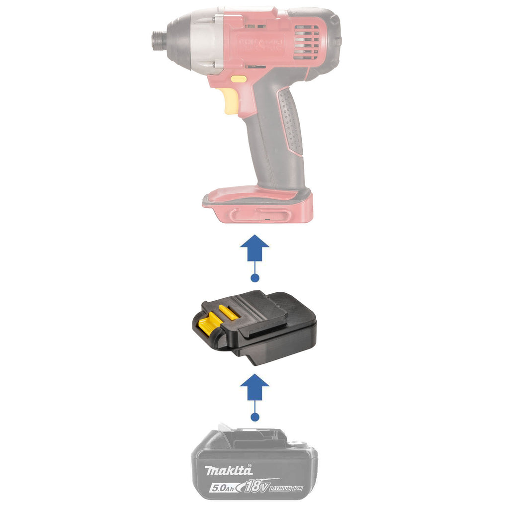 Makita 18V LXT to Chicago Electric 18V battery adapter - compatibility diagram showing battery, adapter and impact driver
