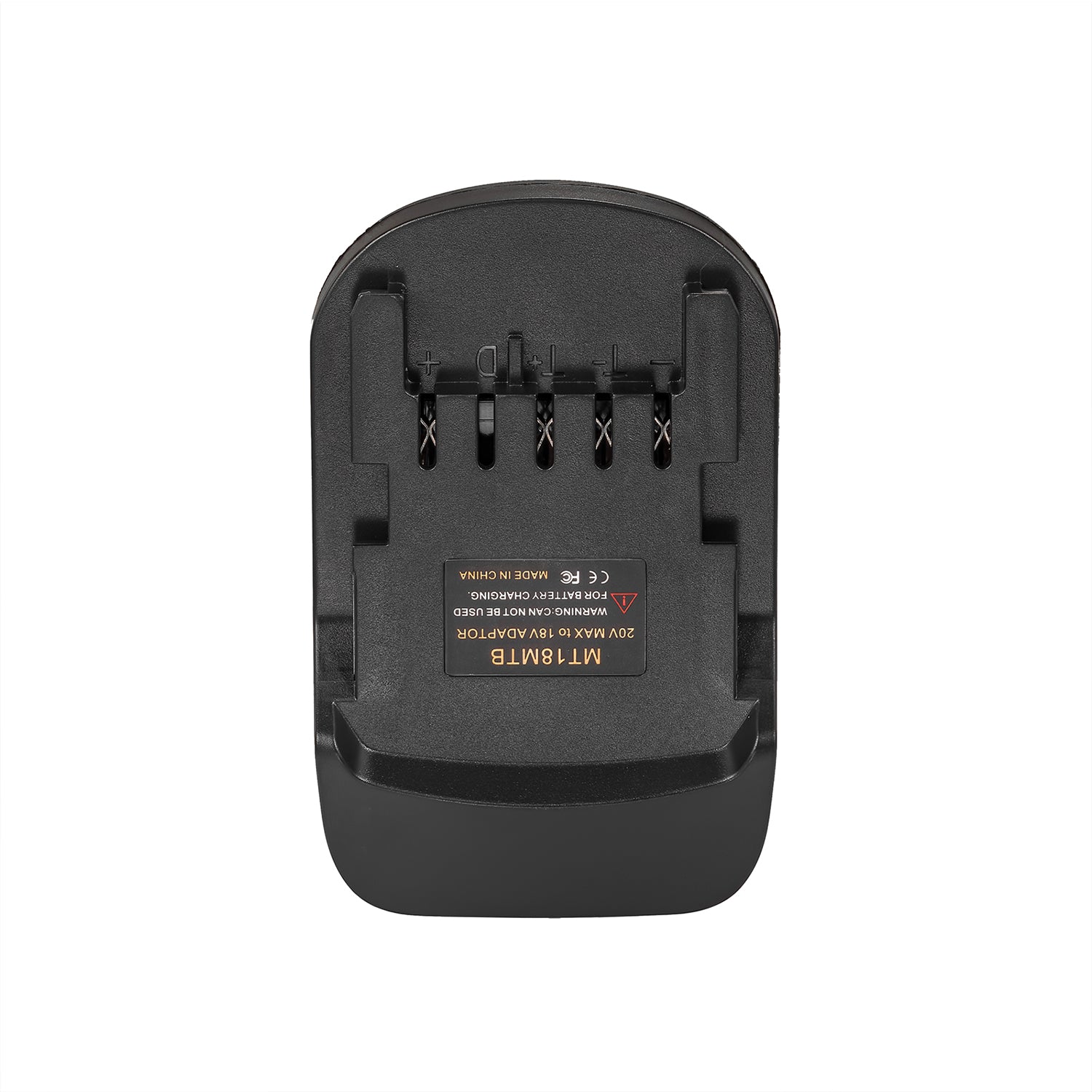 Makita 18V LXT to Metabo CAS 18V battery adapter - Metabo tool-side connection, terminal slots with + and - marks