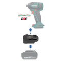 Makita 18V LXT to Metabo CAS 18V battery adapter - compatibility diagram showing battery, adapter and impact driver