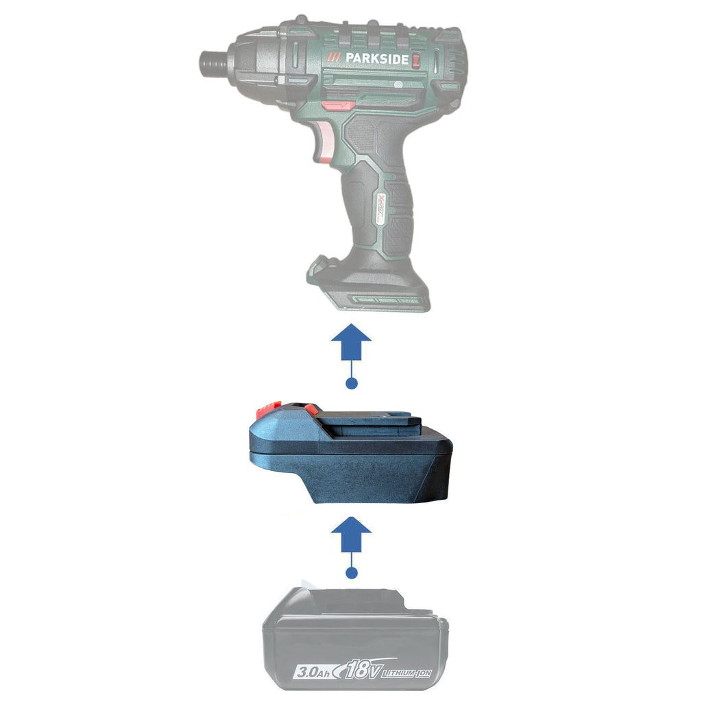 Makita 18V LXT to Parkside X20V battery adapter - compatibility diagram showing battery, adapter and impact driver