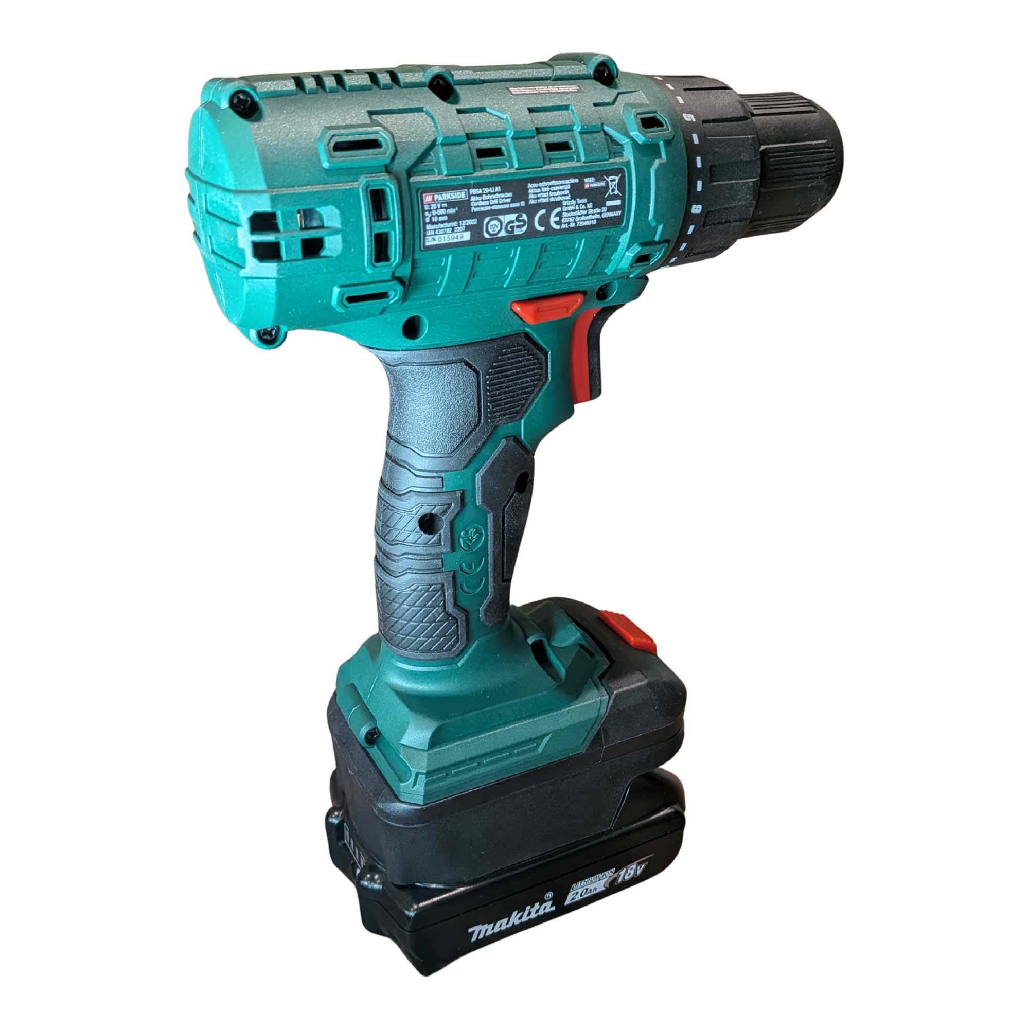 Makita 18V LXT to Parkside X20V battery adapter - Parkside drill installed on the adapter, rear view with rating label
