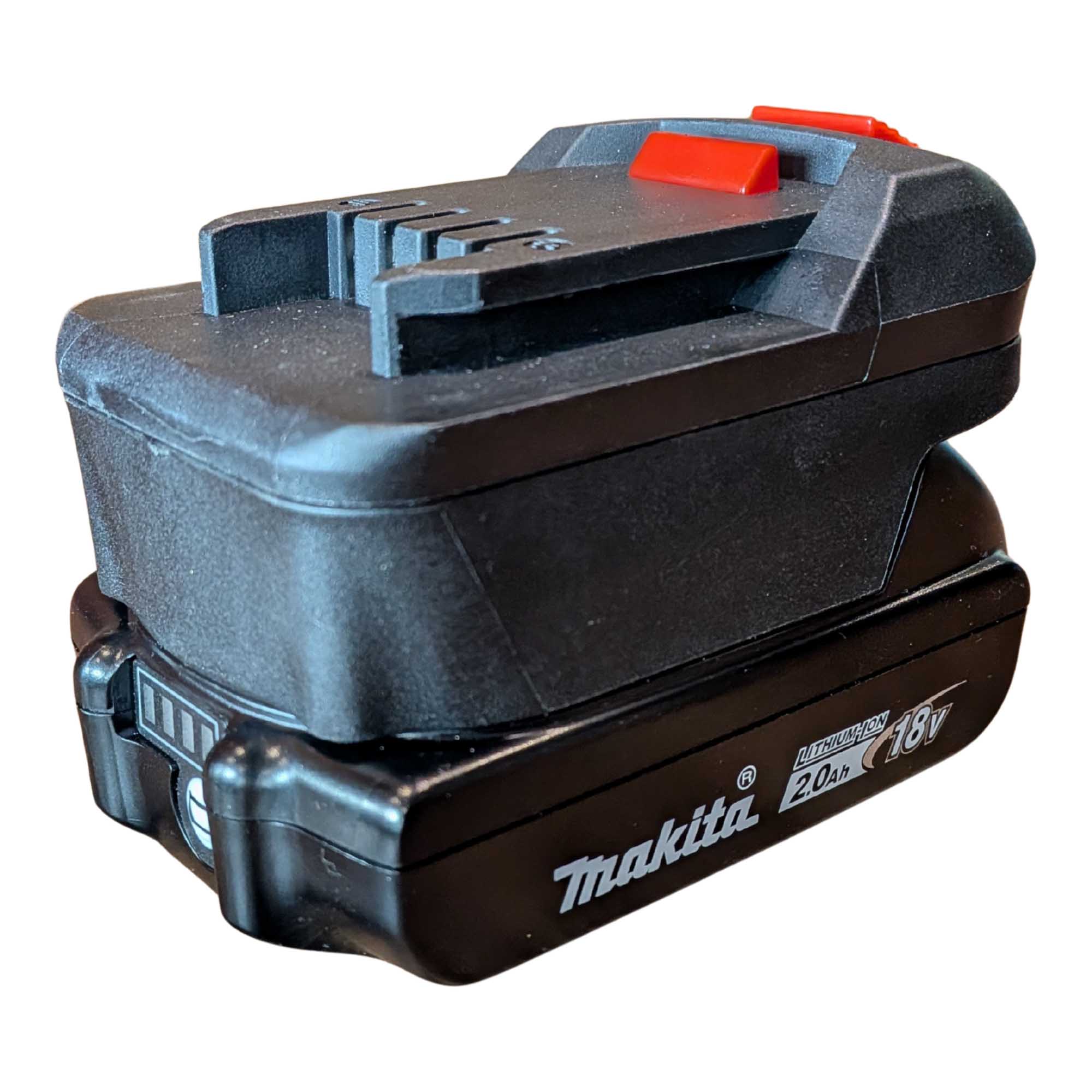 Makita 18V LXT to Parkside X20V battery adapter - fitted to the Makita 18V LXT battery, charge level gauge on the pack