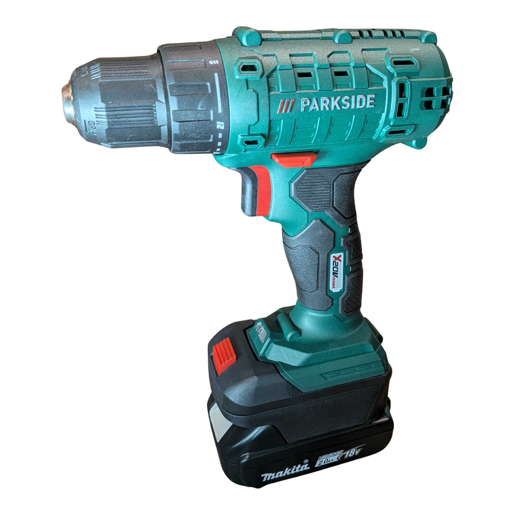 Makita 18V LXT to Parkside X20V battery adapter - Parkside drill installed on the adapter over the battery, front view