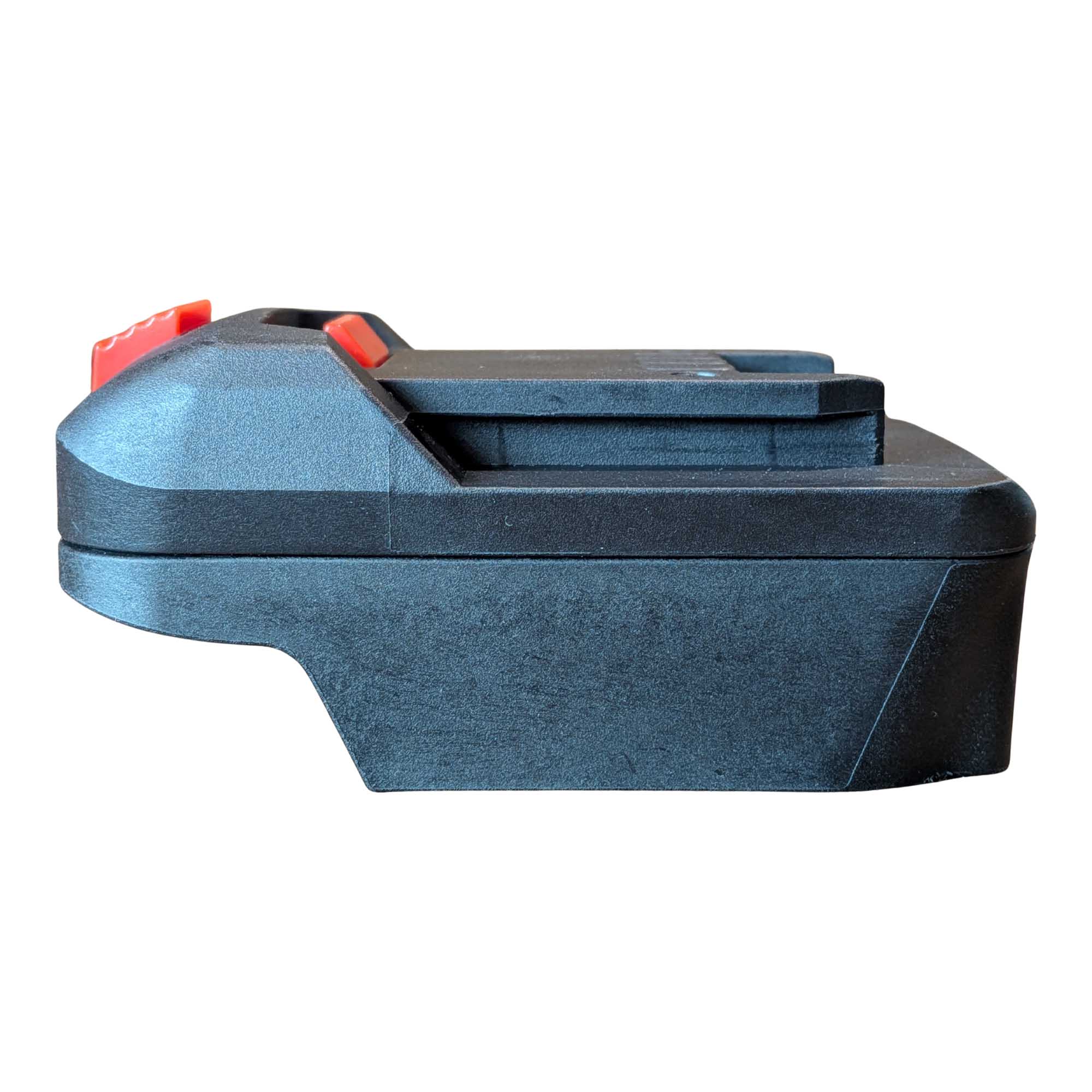 Makita 18V LXT to Parkside X20V battery adapter - side view showing both connections, tool-side rail above the pocket