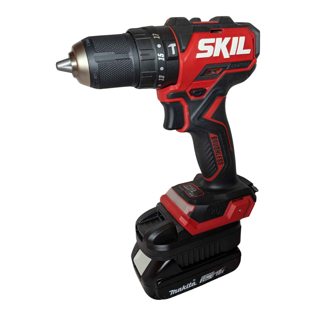 Makita 18V LXT to SKIL 20V PWR CORE battery adapter - front view installed on a SKIL hammer drill, seated on the battery pack