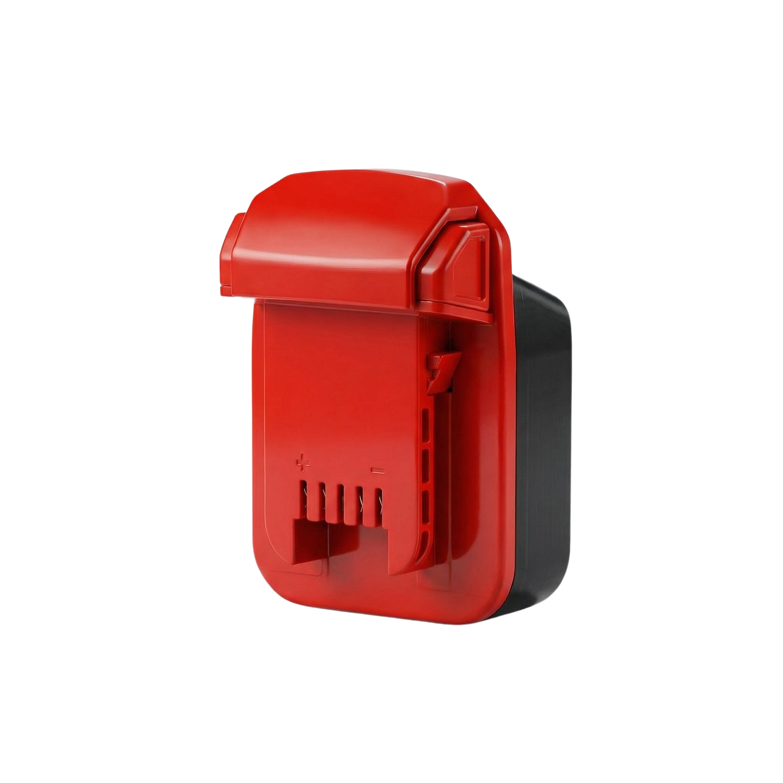 Masterforce 20V to Milwaukee M18 battery adapter - Milwaukee tool-side connection face-on, terminal slots with polarity marks