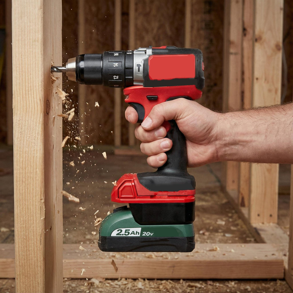 Masterforce 20V to Milwaukee M18 battery adapter - installed on a hammer drill drilling a wood stud, seated on a battery pack