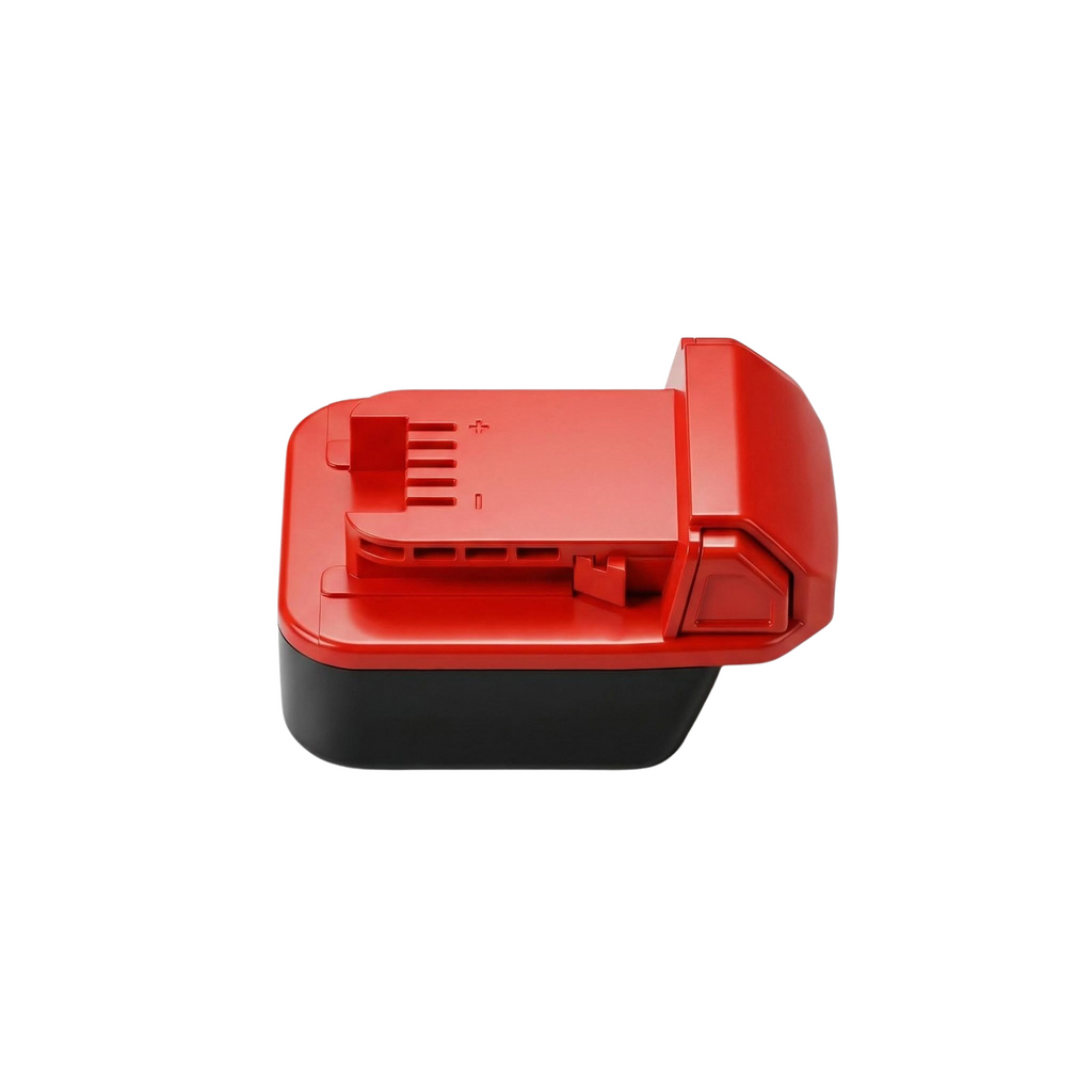 Masterforce 20V to Milwaukee M18 battery adapter - top view of the Milwaukee tool-side connection with polarity marks