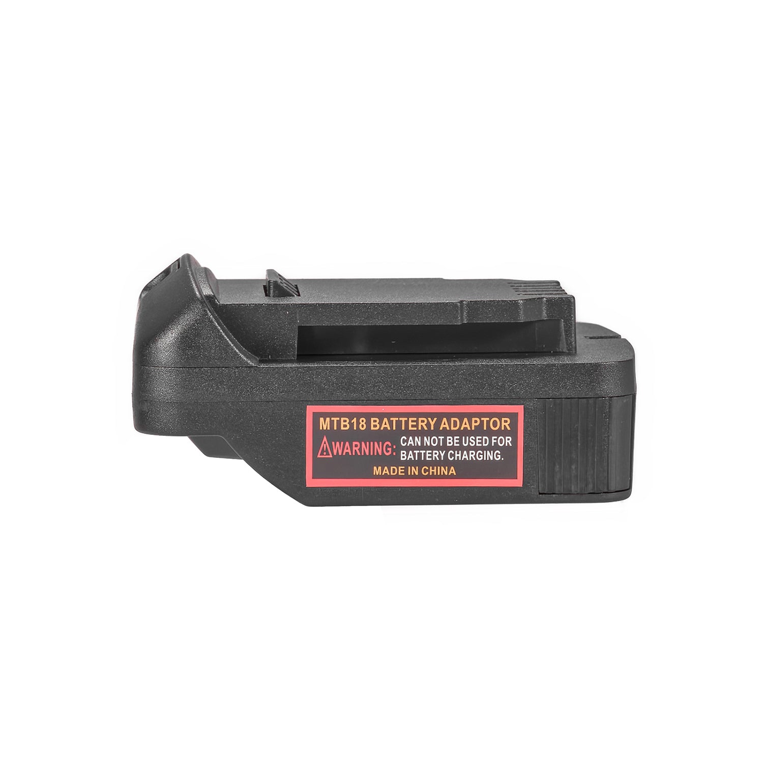 Metabo CAS 18V to DeWalt 20V MAX battery adapter - angled view of the DeWalt tool-side connection with its ribbed rail