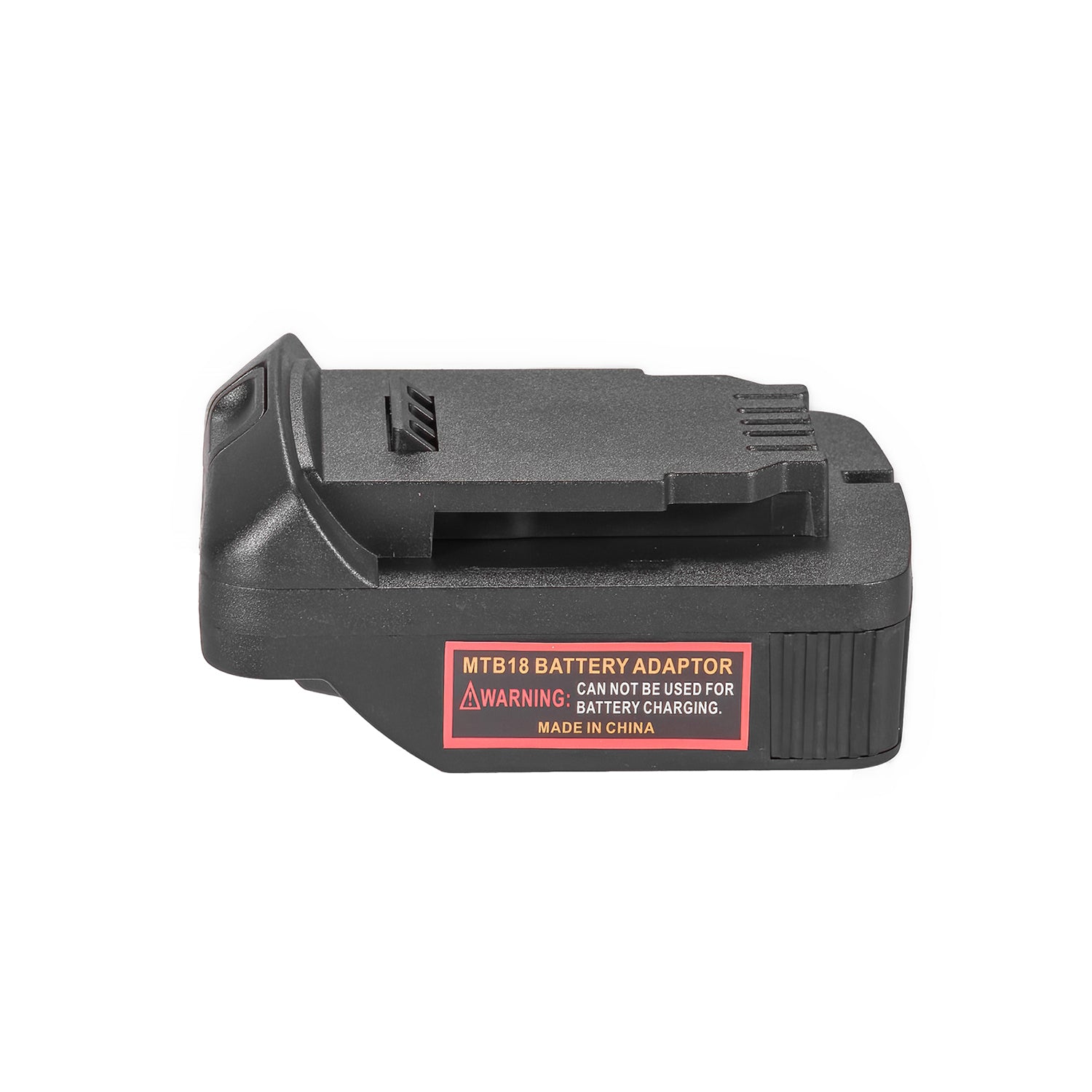 Metabo CAS 18V to DeWalt 20V MAX battery adapter - angled view of the DeWalt tool-side connection with its ribbed rail