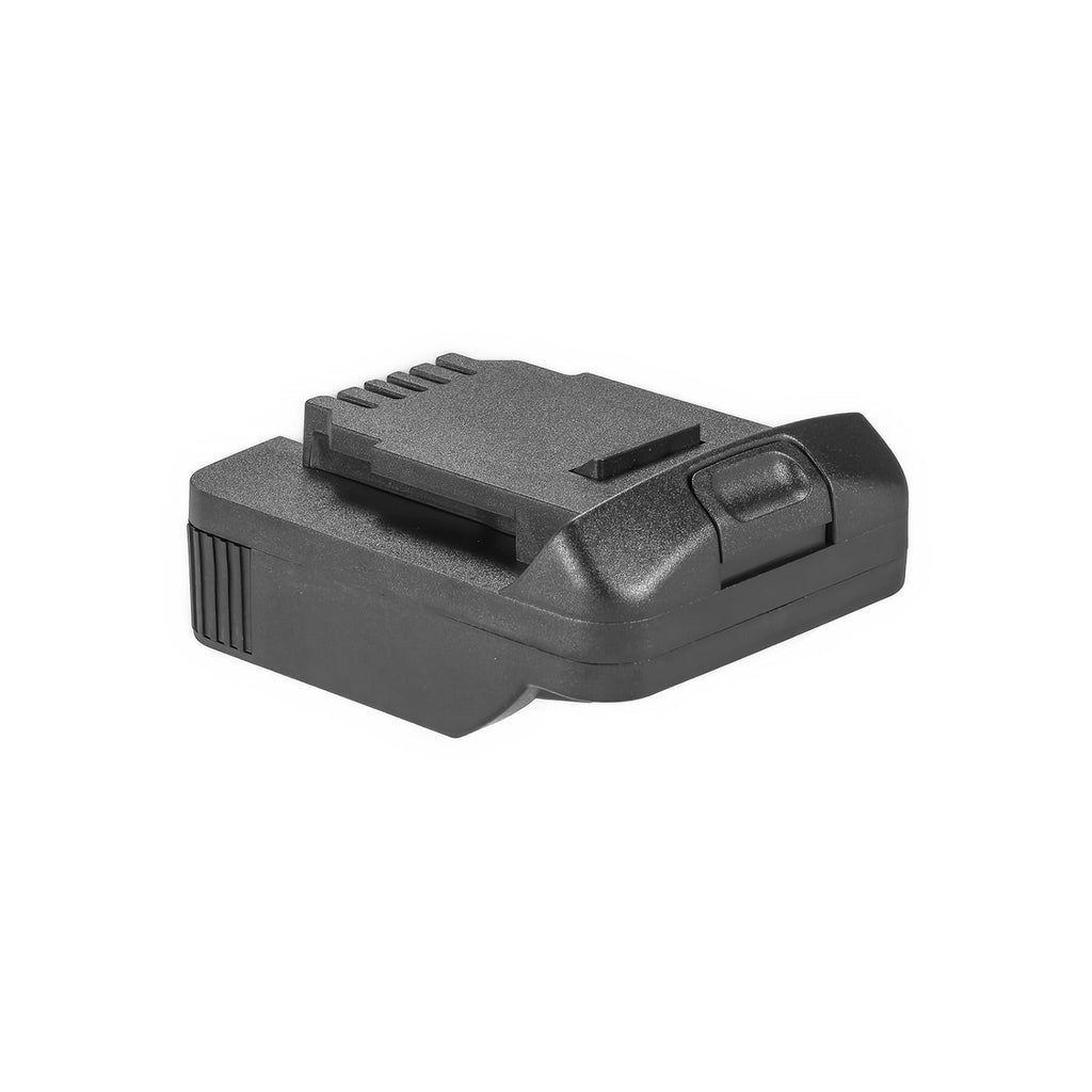 Metabo CAS 18V to DeWalt 20V MAX battery adapter - angled view of the DeWalt tool-side connection with its ribbed rail
