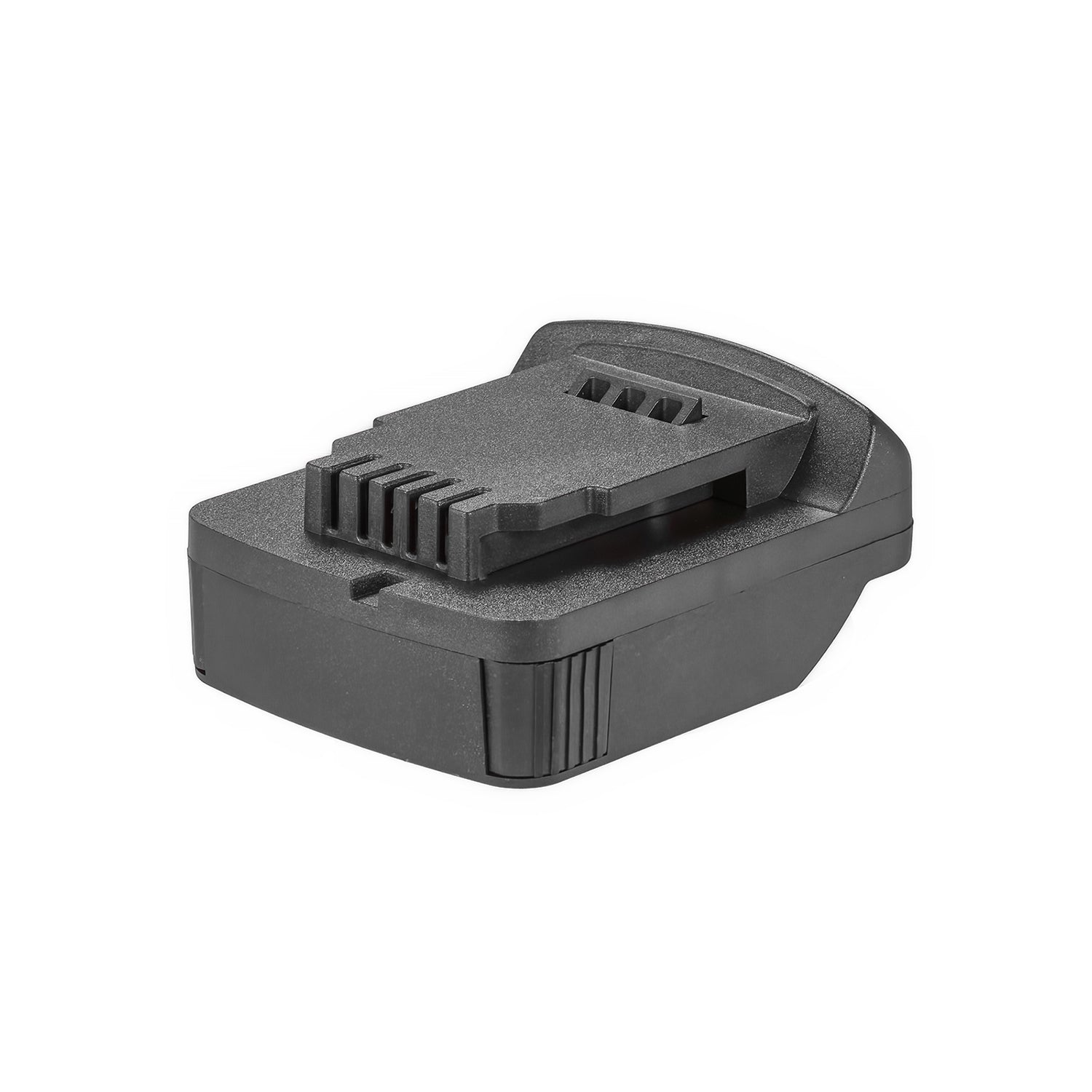 Metabo CAS 18V to DeWalt 20V MAX battery adapter - angled view of the DeWalt tool-side connection with its ribbed rail