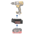 Metabo CAS 18V to DeWalt 20V MAX battery adapter - compatibility diagram showing battery, adapter and drill driver