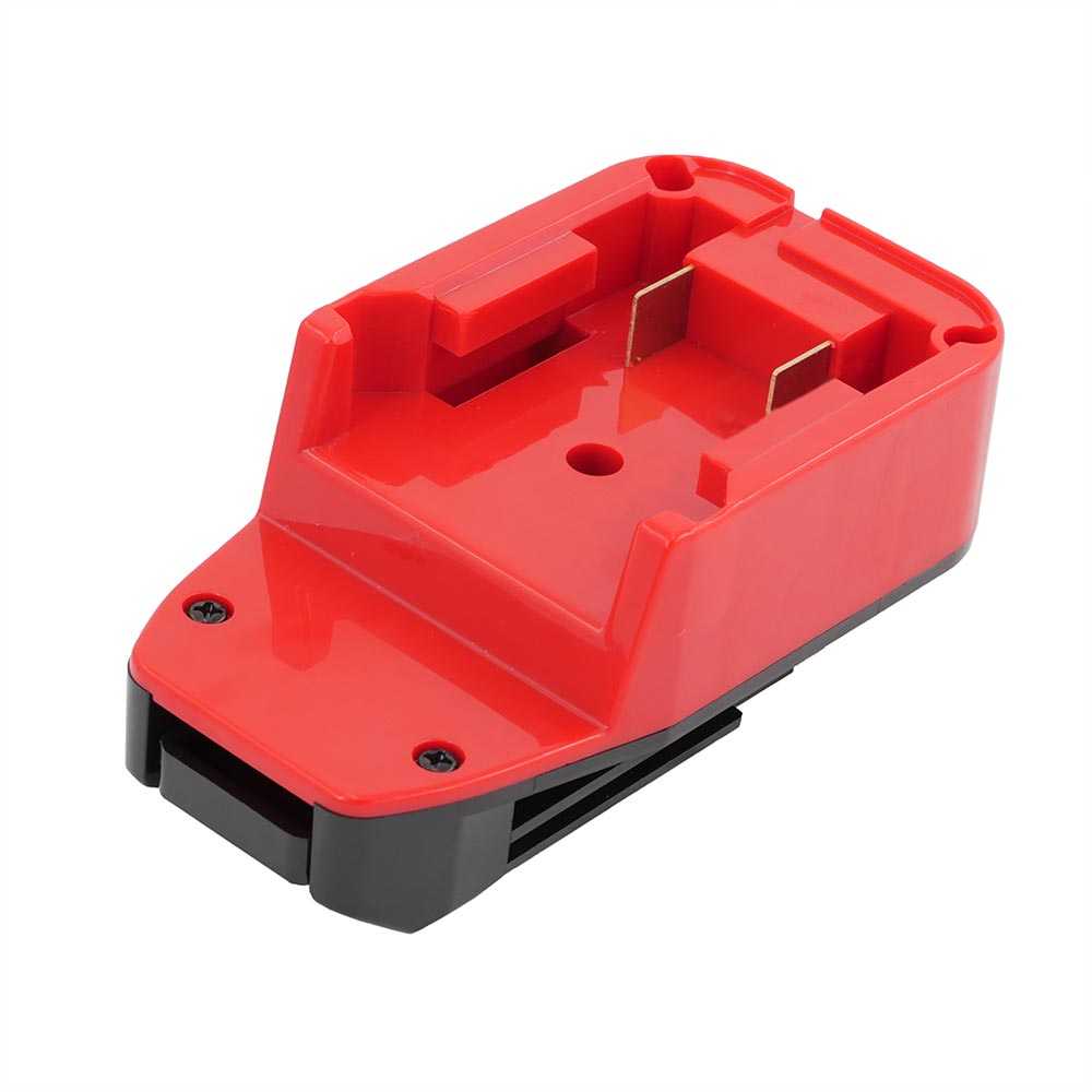 Milwaukee M18 to Bostitch 18V battery adapter - battery-side connection with twin copper blade terminals in the red