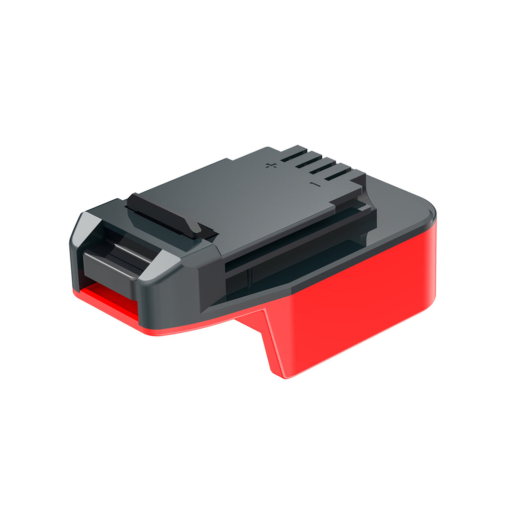 Milwaukee M18 to Porter Cable 20V battery adapter - three-quarter view, tool-side face uppermost over the red body
