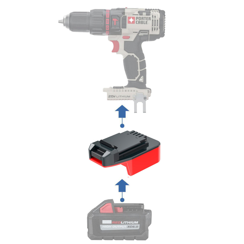 Milwaukee M18 to Porter Cable 20V battery adapter - compatibility diagram showing battery, adapter and cordless drill