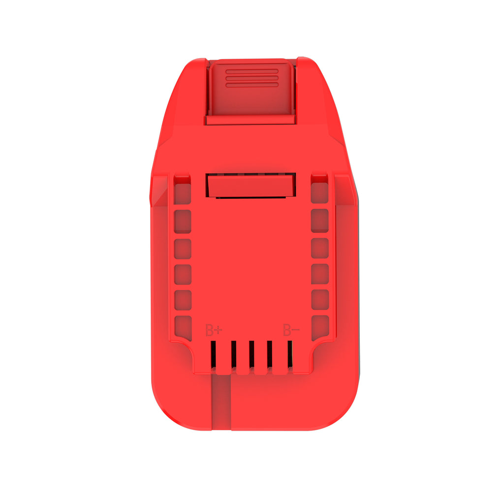 Milwaukee M18 to Bauer 20V battery adapter - Bauer tool-side connection with terminal slots and B+ and B- marks