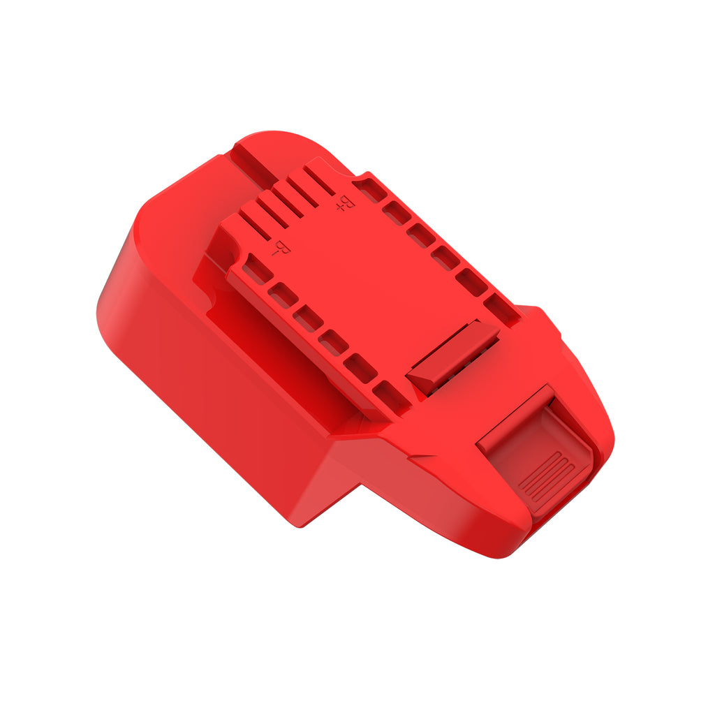Milwaukee M18 to Bauer 20V battery adapter - Bauer tool-side connection with terminal slots and the ribbed release catch