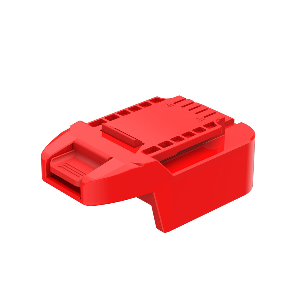 Milwaukee M18 to Bauer 20V battery adapter - Bauer tool-side connection with terminal slots and the ribbed release catch