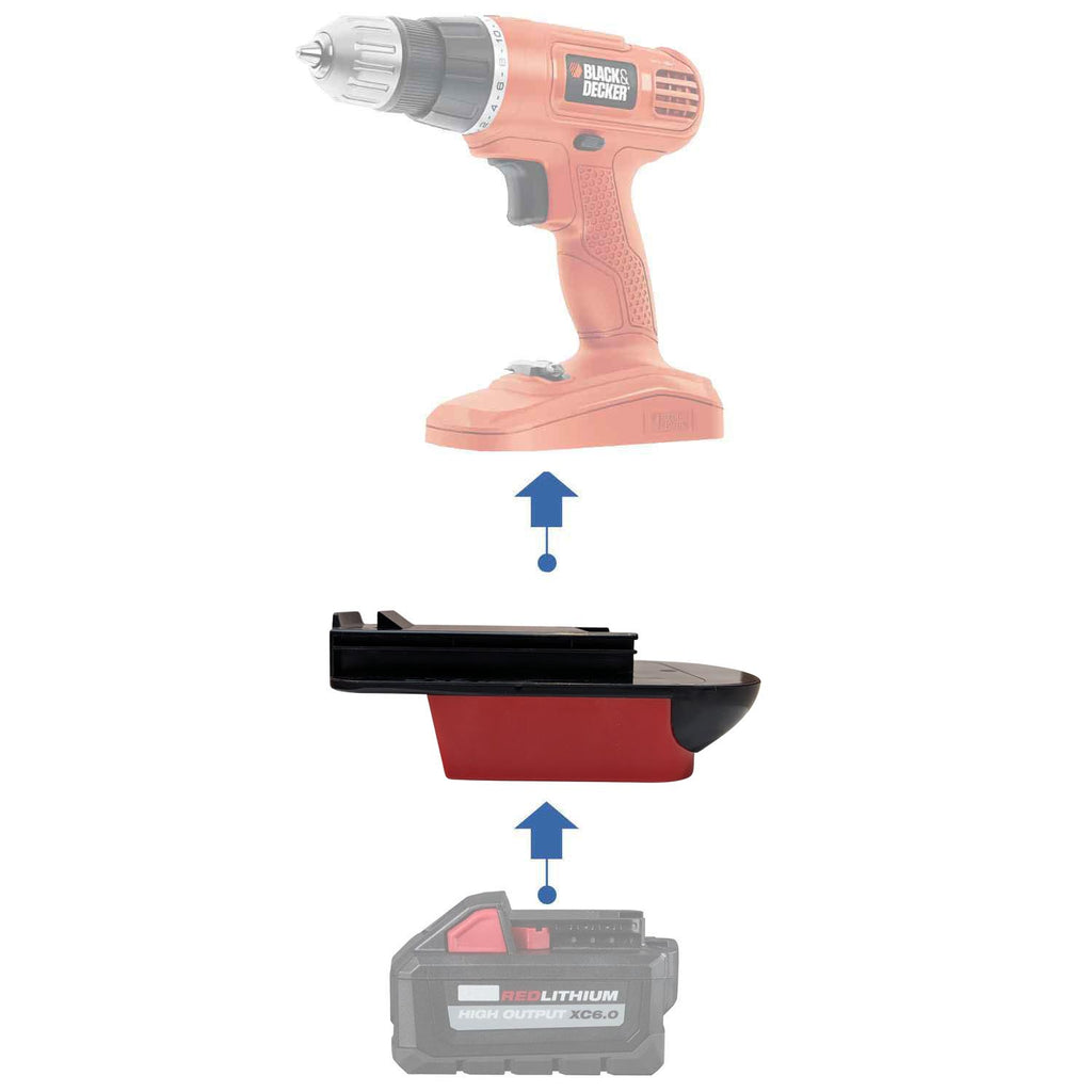 Milwaukee M18 to Black and Decker 18V Ni-Cd battery adapter - compatibility diagram showing battery, adapter and drill