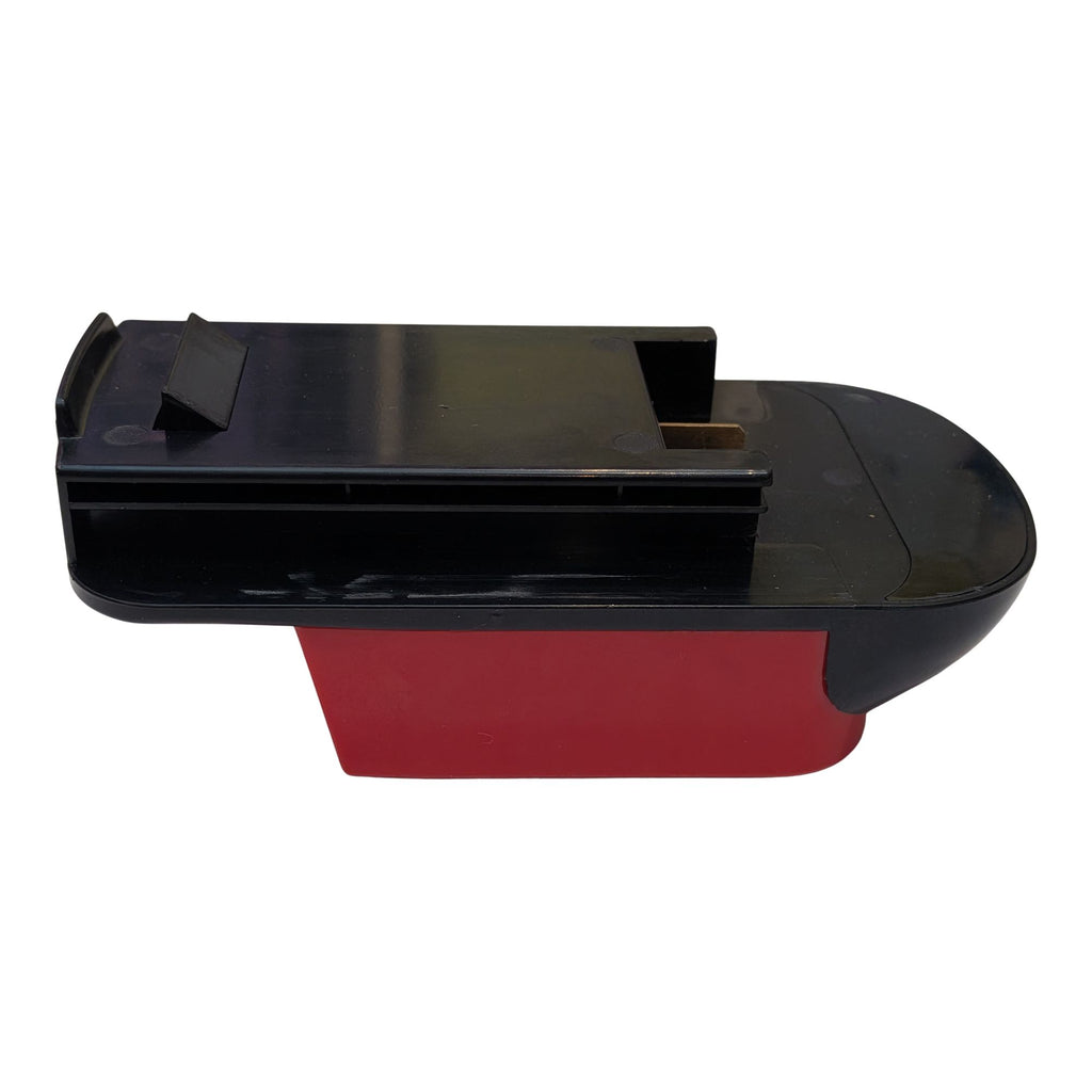 Milwaukee M18 to Black and Decker 18V Ni-Cd battery adapter - side view, black tool side above the red battery body
