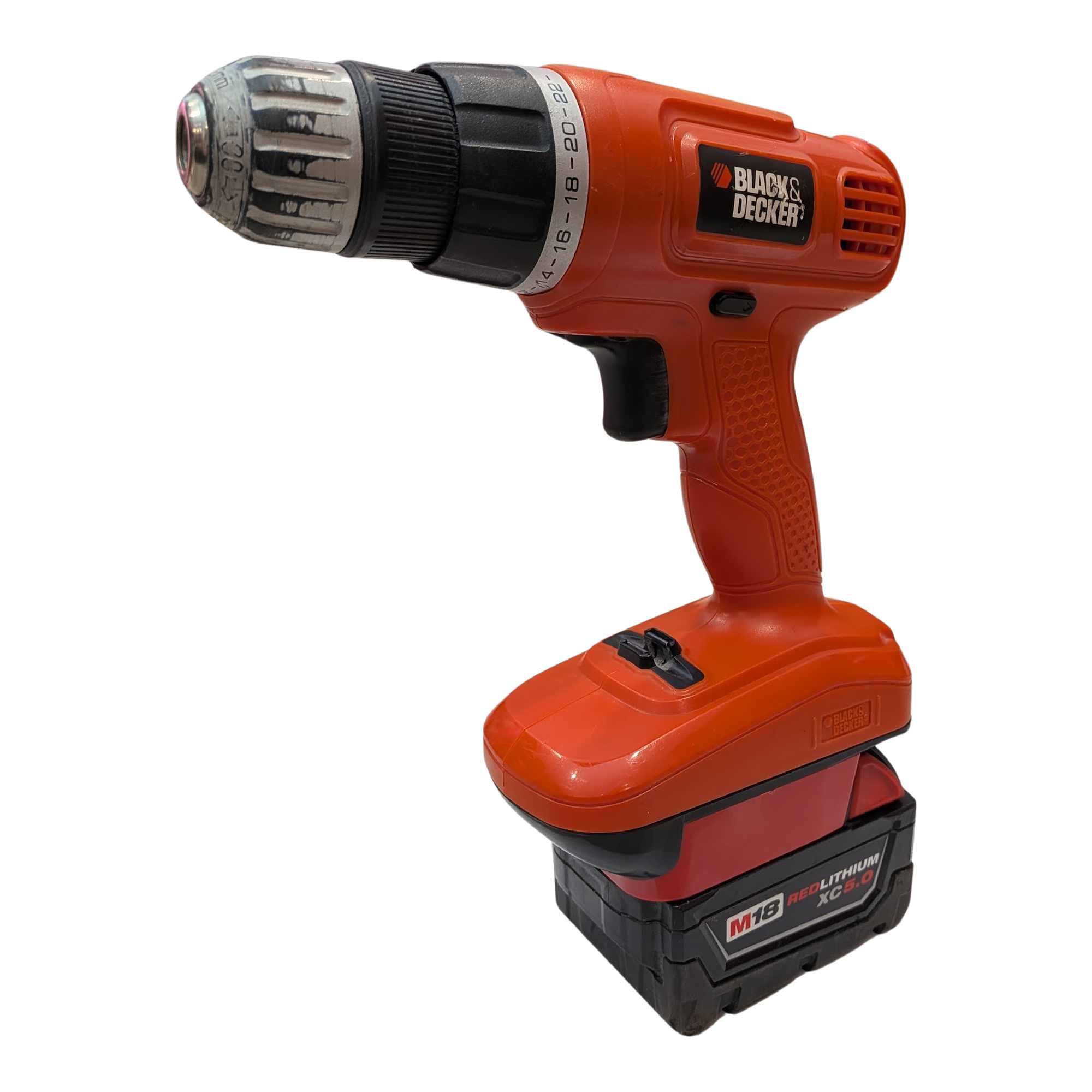 Milwaukee M18 to Black and Decker 18V Ni-Cd battery adapter - installed on a drill with the battery attached below