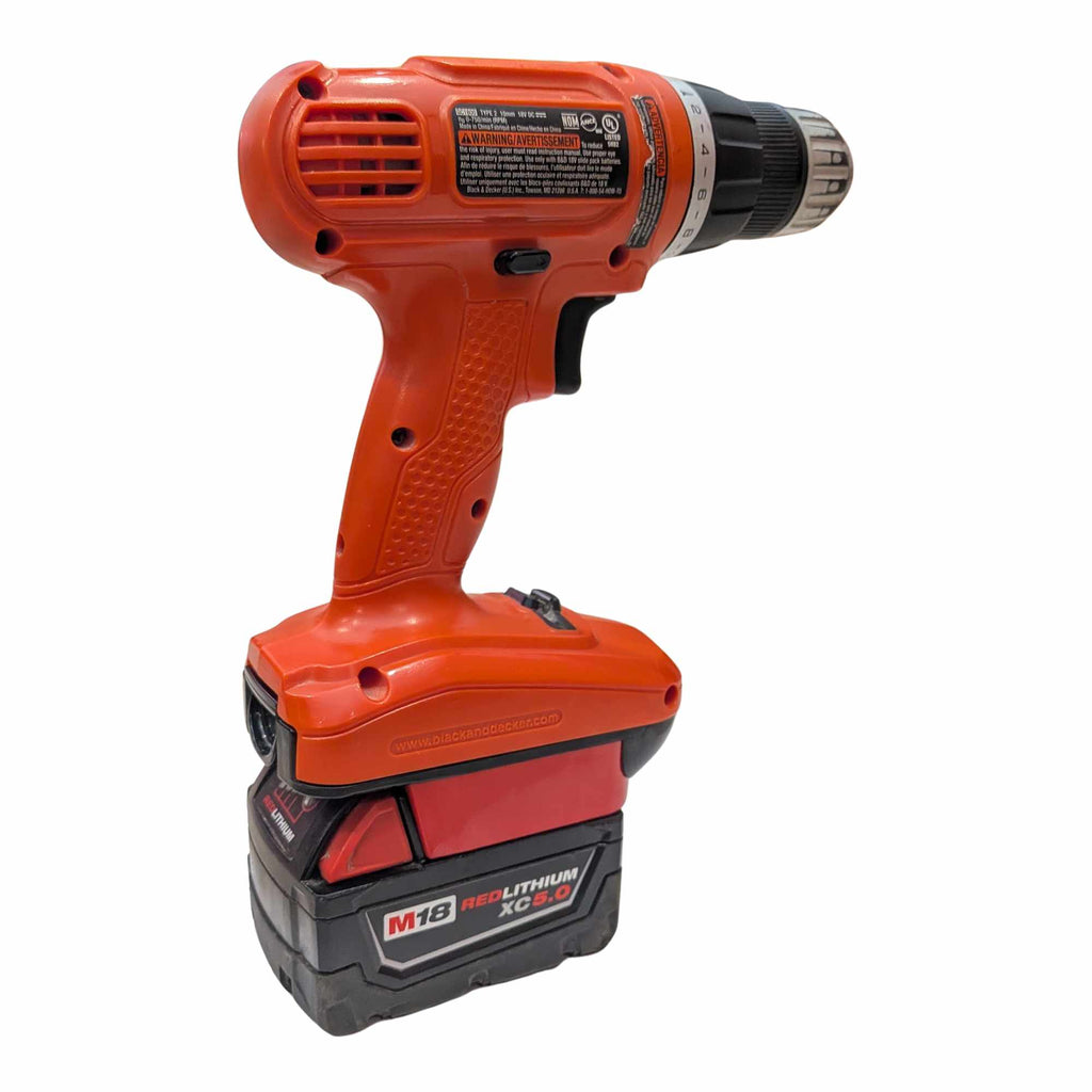 Milwaukee M18 to Black and Decker 18V Ni-Cd battery adapter - installed on a drill with the battery attached below