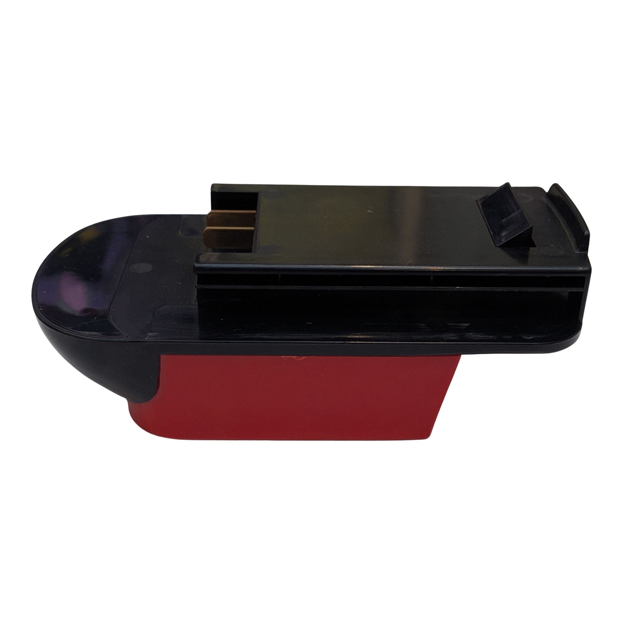 Milwaukee M18 to Black and Decker 18V Ni-Cd battery adapter - side view, black tool side above the red battery body