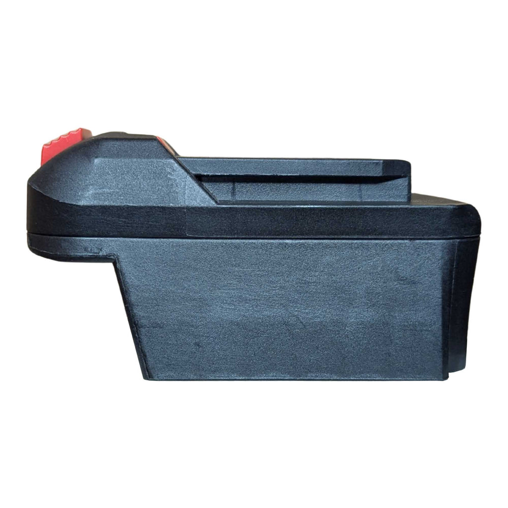 Milwaukee M18 to Parkside X20V battery adapter - side view showing both connections, tool-side rail above the pocket